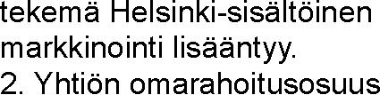 Sitova tavoite 2018 Toteuma Muu tavoite 2018 Toteuma Helsingin kaupungin asunnot Oy kustannuksia kuvaavan indeksinousun suuruinen verrattuna kolmen vuoden keskiarvoon (vrt.