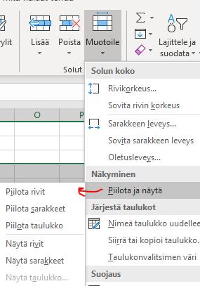 15 8. Sarakkeiden ja solujen piilottaminen ja piilottamisen poistaminen Taulukosta voidaan piilottaa väliaikaisesti rivejä ja soluja. Ennen toimenpidettä maalataan piilotettavat rivit tai solut.