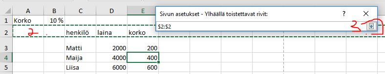 Taulukon puolella klikataan sitä riviä (tai rivejä) (kohta 2) jotka halutaan tulostuvan joka sivun yläreunaan (Tässä tapauksessa rivi 2. Valinta kuitataan painamalla painiketta kohta 3.