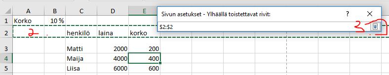 Taulukon puolella klikataan sitä riviä (tai rivejä) (kohta 2) jotka halutaan tulostuvan joka sivun yläreunaan (Tässä tapauksessa rivi 2. Valinta kuitataan painamalla painiketta kohta 3.