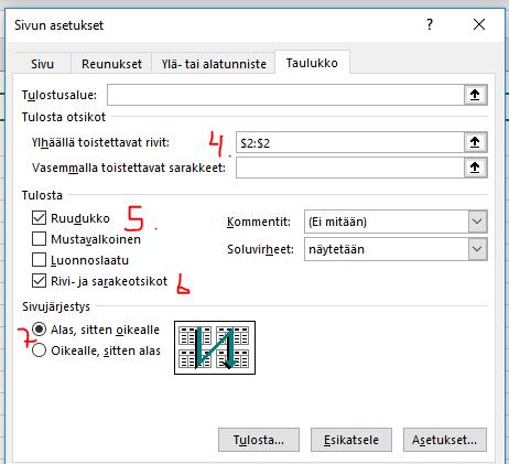 18 Kohdassa 7 määritetään sivujärjestys. Esikatselussa rivi- ja sarakeotsikot tulosteessa. 13.