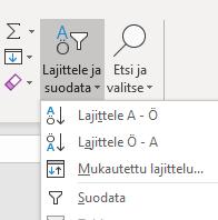 Lajittelutoiminnot löytyvät Aloitus- välilehden oikeasta reunasta Lajittele ja suodata komennon alta. A..Ö ja Ö.