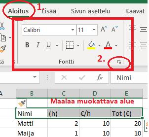 Esim soluun kirjoitettu kaava (=B2*C2) näkyy kaavarivillä ja kaavan antama tulos solussa (D2) Kuva 13. Kaavasolua voidaan muokata suoraan solussa kaksoisklikkaamalla soluun, kuva 14. 8.