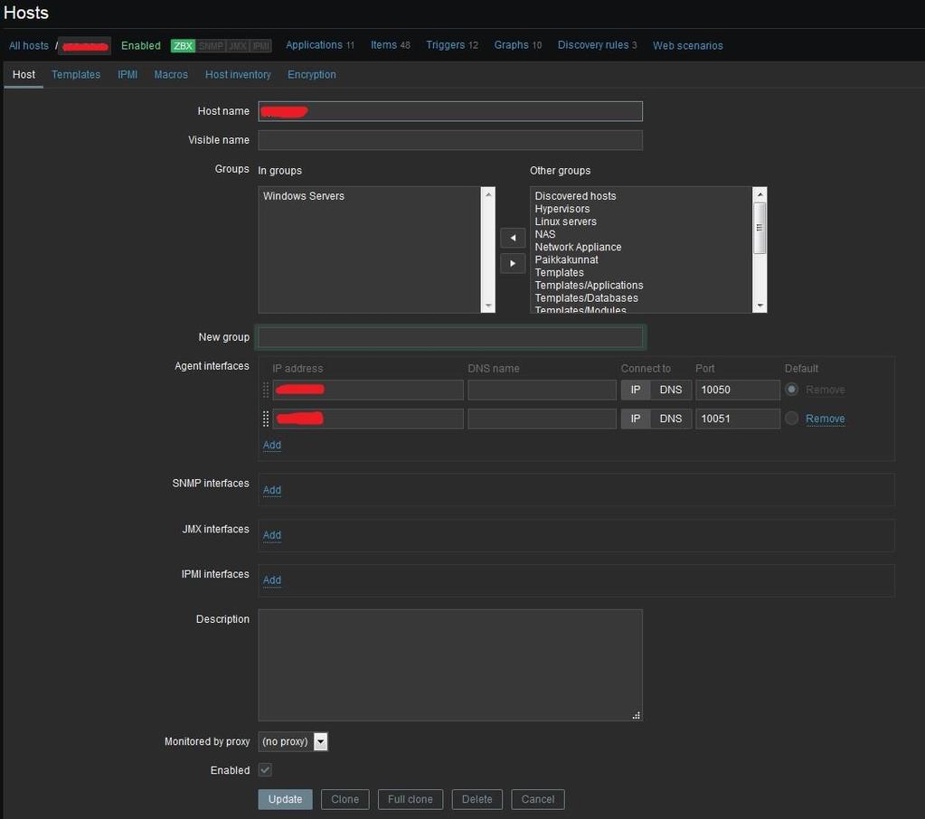 13 3.3.1 Isännät Isännät(hosts) ovat tyypillisesti monitoroitavia laitteita, joita varten luodaan objekti Zabbixiin ja jonka kautta Zabbix yhdistää kyseiseen laitteeseen.
