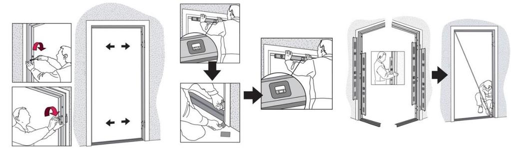 7) Laita oven/luukun karmilista aukon keskellä ja kiinnitä alustavasti paikoilleen, tarkista vesivaa an avulla, että se on pysty- ja vaakasuunnassa paikoillaan.
