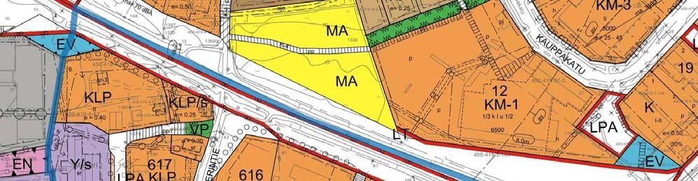 - LPA: Autopaikkojen korttelialue. - KL: Liikerakennusten korttelialue. - Eritasoristeys (Meijerintien ja valtatien risteys) - sk-: Kaupunki- tai kyläkuvallisesti tärkeä alue tai alueen osa.