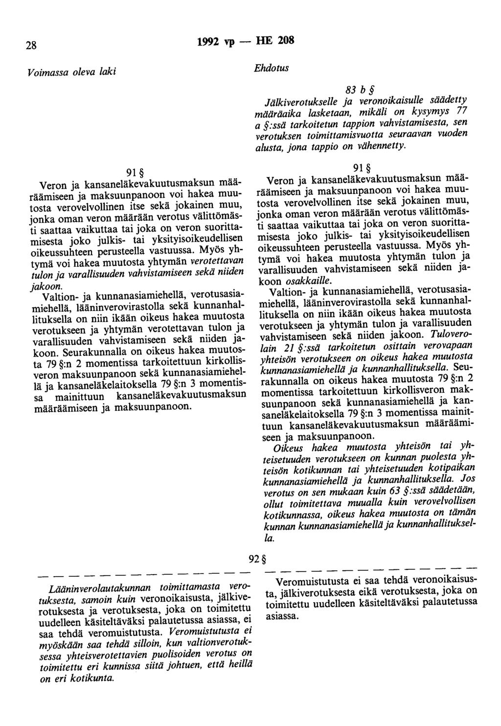 28 1992 vp - HE 208 83 b Jälkiverotukselle ja veronoikaisulle sliädetty määrliaika lasketaan, mikäli on kysymys 77 a :ssä tarkoitetun tappion vahvistamisesta, sen verotuksen toimittamisvuotta