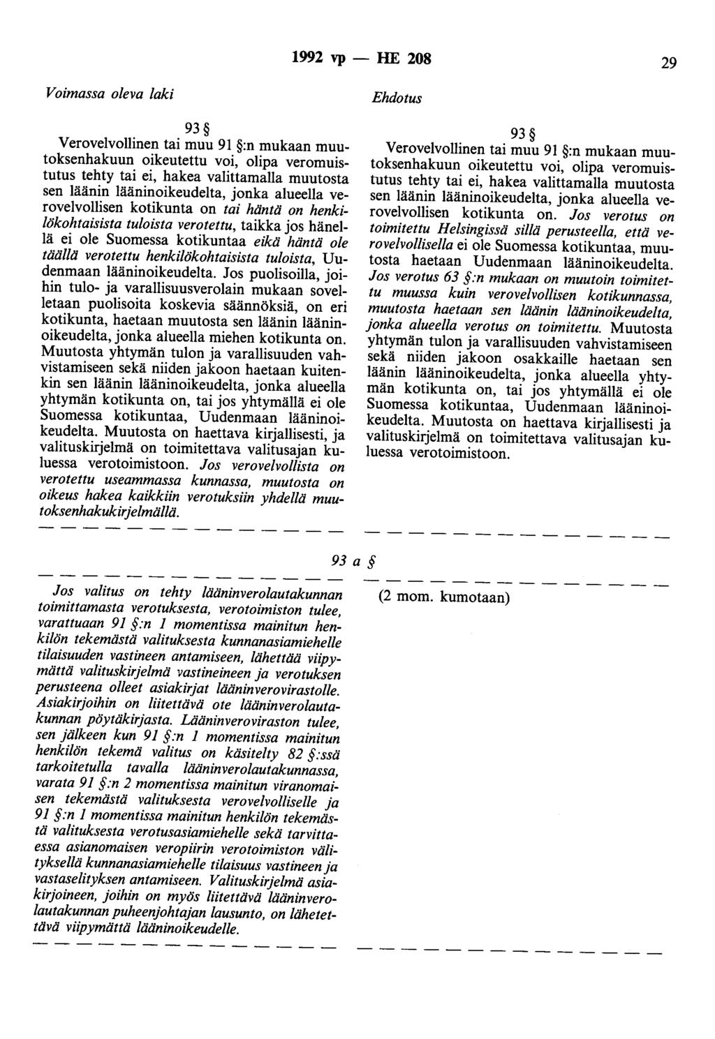 1992 vp- HE 208 29 93 Verovelvollinen tai muu 91 :n mukaan muutoksenhakuun oikeutettu voi, olipa veromuistutus tehty tai ei, hakea valittamalla muutosta sen läänin lääninoikeudelta, jonka alueella