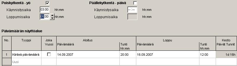 LUNA top2 7.4.2 Erityisohjelmien asettaminen yö-poiskytkennällä Seuraavassa erityisohjelmassa yö-poiskytkentä alkaa määritetylle ajanjaksolle kaksi tuntia myöhemmin kuin vakio-ohjelmassa.