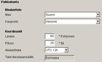 SELEKTA top2 Kuva 74: Astronomiset asetukset: Sijainti: Koordinaatit Aikavyöhyke määritetään aikavyöhykekartan perusteella.