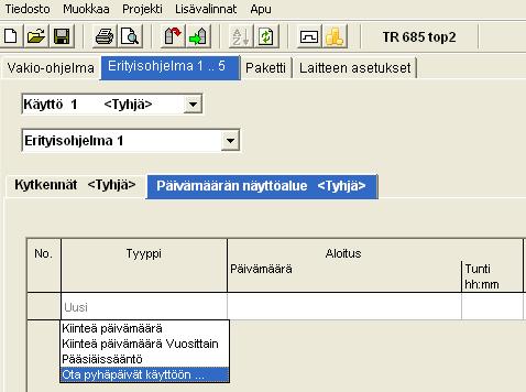 TTariffi- ja erikoiskytkinkello TR top2 Kuva 83: Erityisohjelma Erityisohjelmien asetukset tehdään taulukkonäkymässä. Päivämääräalueella määritetään erityisohjelman voimassaoloaika.