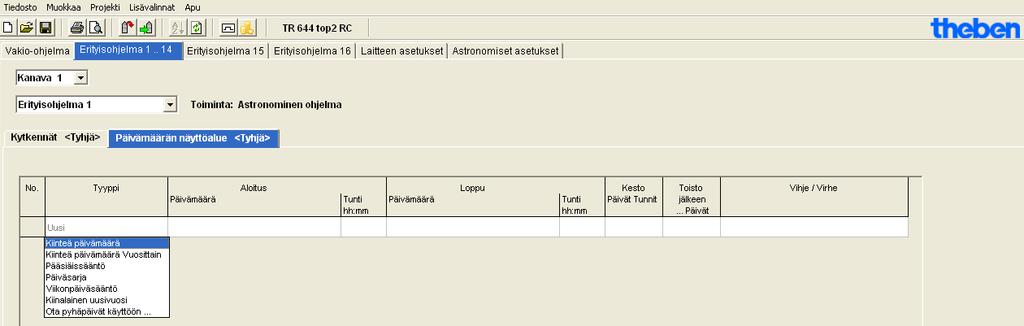 Vuosiaikakytkin TR top2 Erityisohjelma 1 on aktivoituna ajanjaksona 30. huhtikuuta klo 12.00 1. toukokuuta 12.00. Katuvalaistus on kytkettynä päälle koko yön, koska yökatkosta ei ole ohjelmoitu.