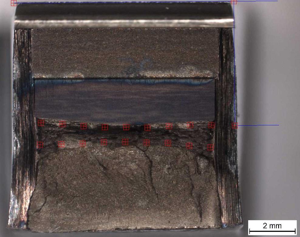 Based on optical measurements, a nine-point average procedure is used to receive a reportable crack size (ASTM E1820, 2015).