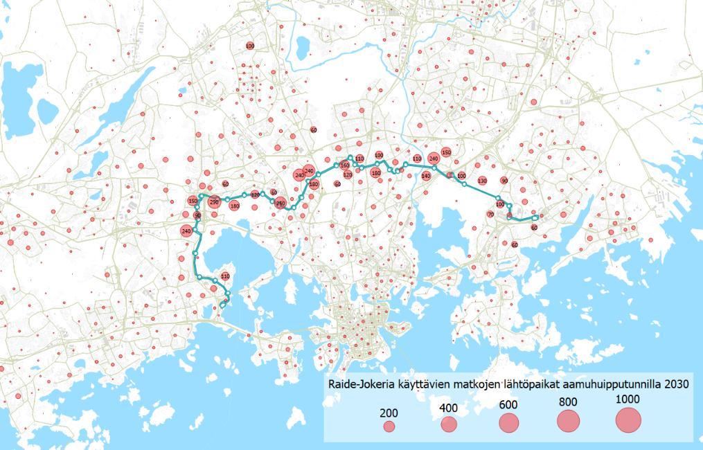 25000 Tuntikohtainen nousijamääräennuste Nousijaa tunnissa 20000 15000 10000 5000 0 Runkolinja 550 Raide-Jokeri Runkolinja 550 Raide-Jokeri 2030 2050 Aamuhuipputunti Päivätunti Iltahuipputunti Kuva 9.