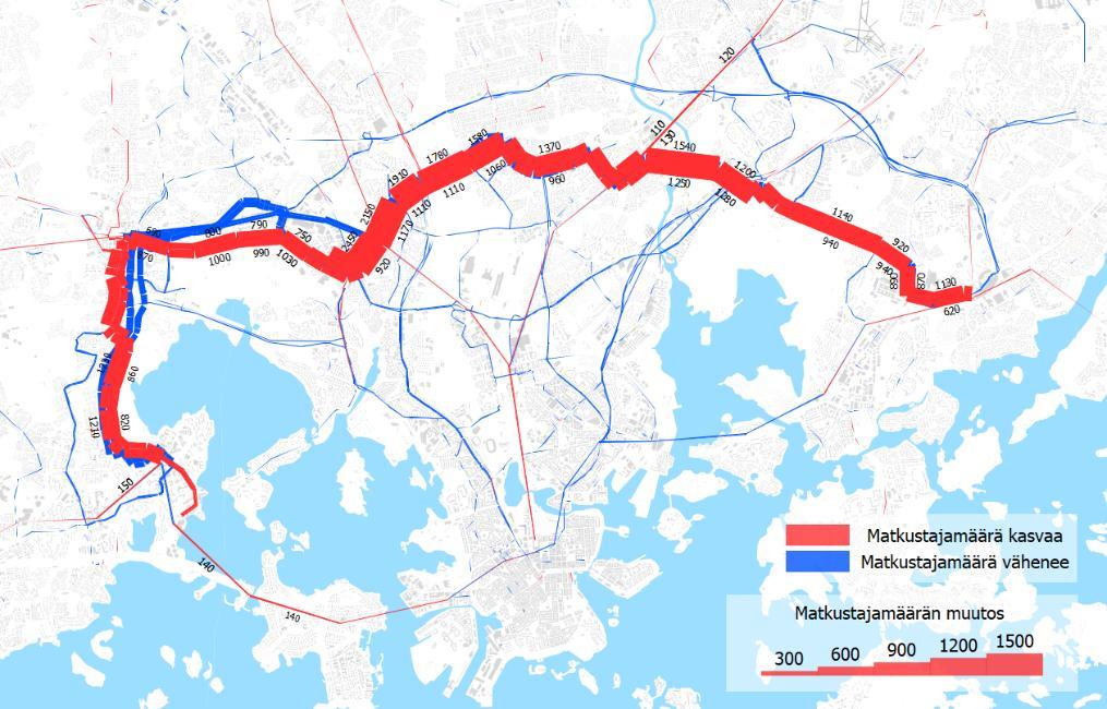 Kuva 11. Raide-Jokeria vuoden 2030 aamuhuipputunnilla käyttävien matkojen päätepisteet.