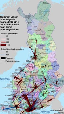 Taajamien välisen työssäkäynnin muutos vuosina 2000-2014 Karttaan on kuvattu taajamien välisen työssäkäynnin muutos vuosien 2000-2014 välisenä aikana.