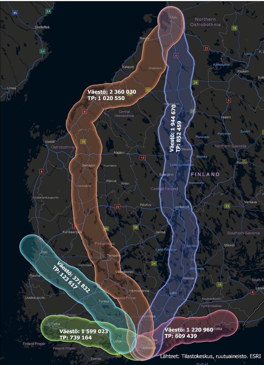 Oulu Kokkola Pori Seinäjoki Tampere Jyväskylä 70 % asukkaista ja työpaikoista viidellä liikennekäytävällä Kuvassa on Helsingistä ulospäin luotu paikkatiedon avulla viisi 20 + 20 kilometrin käytävää.