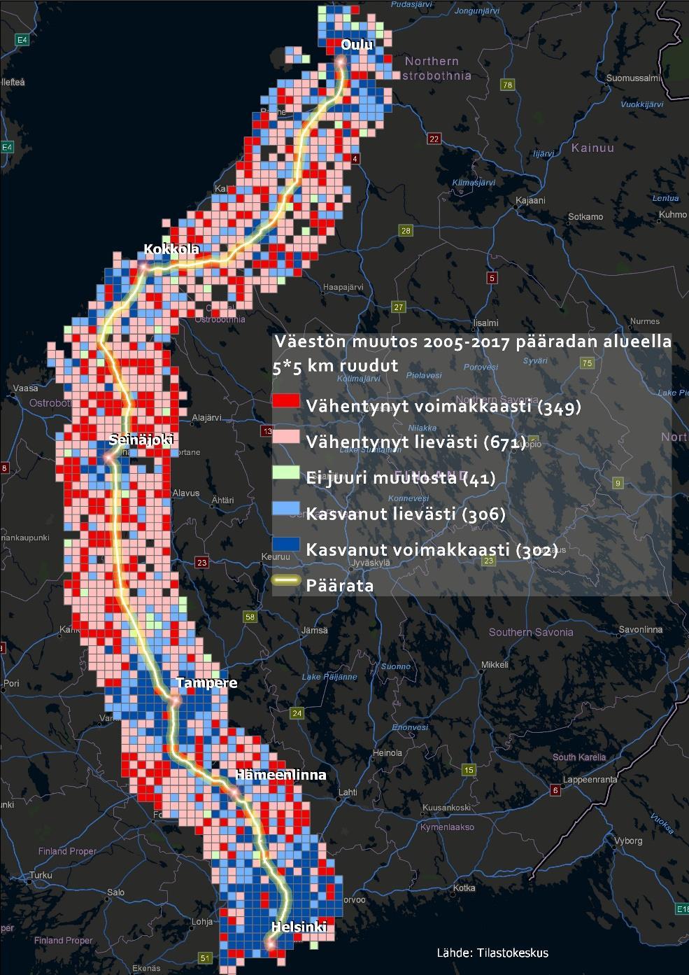 50 % asukkaista pääradan alueella Pääradan molemmin puolin on luotu 30 + 30 kilometrin käytävä (vaikutusalue).