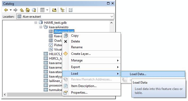 Kuva 4. Aineiston lukeminen file geodatabasen feature classiin. Selaa löytääksesi ladattava aineisto (Input data) ja valitse se.