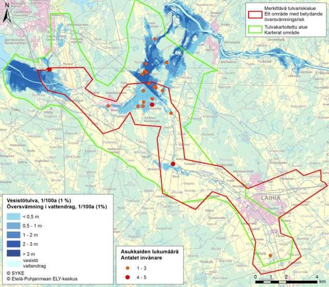 Kuva 4. Tulva-alueella asuvien ihmisten alueellinen jakautuminen ja lukumäärä vesistötulvan harvinaisella (1/100a) toistuvuudella.
