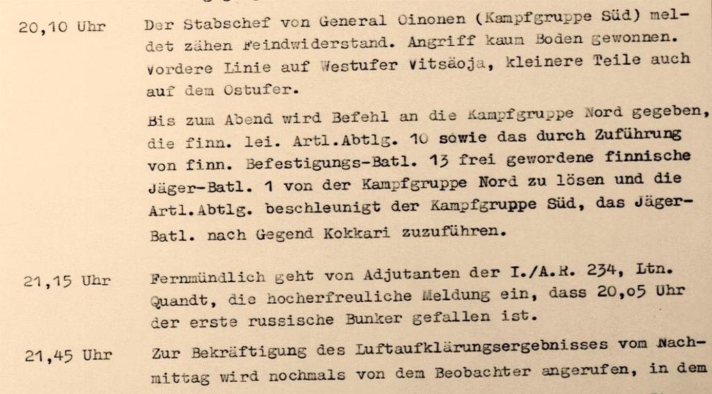 Yllä saksalaisdivisioonan muistiinpanot vapaasti Suomennettuna: Kenraaliluutnantti Oinosen henkilöstöpäällikkö ilmoitti, että Ristisalmella on ollut kovaa vastustusta.