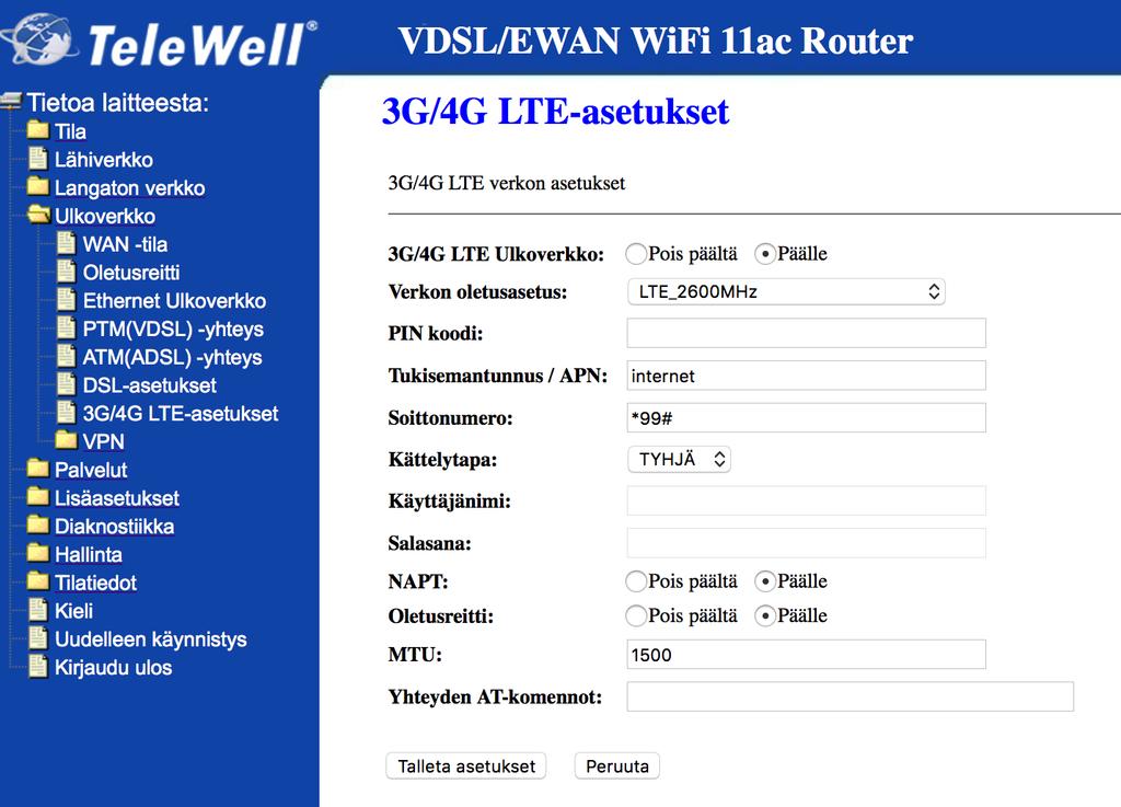 3G / 4G LTE WAN: Päälle / Pois päältä 3G /4G LTE Verkkotekniikan oletus: Automaattinen valinta/muut käytettävissä olevat asetukset Pin-koodi: Anna