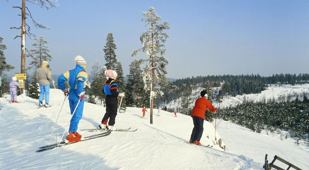 Laskettelijoita rinteessä 80-luvulla Alppilajien iloa ja vauhtia Suomalaiset tutustuivat alppihiihtoon ensimmäistä kertaa 20-luvun lopussa, kun varakas väki matkusti Lappiin ja ulkomaille