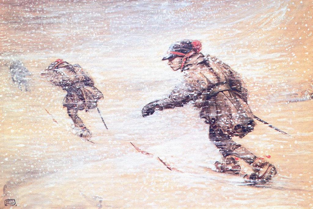Hiihtotaito auttoi pohjoisessa asuvia kansoja selviytymään talvella. Kuva: John Albert Bauer Elintärkeä hiihtotaito Pohjoisessa asuville kansoille hiihtäminen oli tärkeä taito.