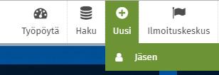 Uuden jäsenen lisääminen Uusi jäsen lisätään valitsemalla ylävalikosta uusi -> jäsen. Sen jälkeen täytetään jäsenen tiedot perustiedot -välilehdeltä.