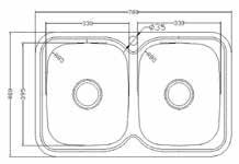 11110 R90 PS-3102 2-altainen ulkomitat: 780 x 480 mm upotusreikä: 760 x 460 R = 90 mm altaan syvyys: 184 mm