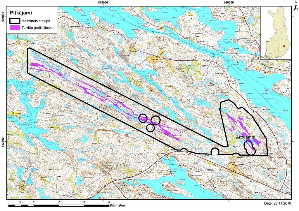 Pitkäjärvi/Aitolampi tutkimustyöt 2016-2018 Kallioperäkartoitus, näytteenotto ja sähkömagneettiset mittaukset Koekairaukset Aitolammella 2017 Alustavat testityöt grafiittituotteen käyttötarkoitusta