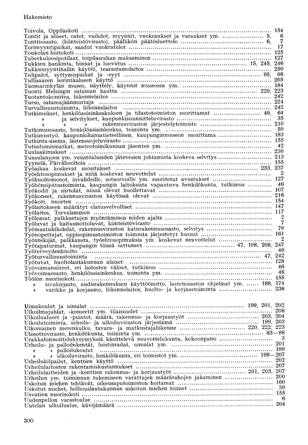 Toivola, Oppilaskoti 154 Tontit ja alueet, ostot, vaihdot, myynnit, vuokraukset ja varaukset ym 5, 6 Tonttiosasto, (kiinteistövirasto), päällikön päätösluettelo 6, 7 Torimyyntipaikat, saadut