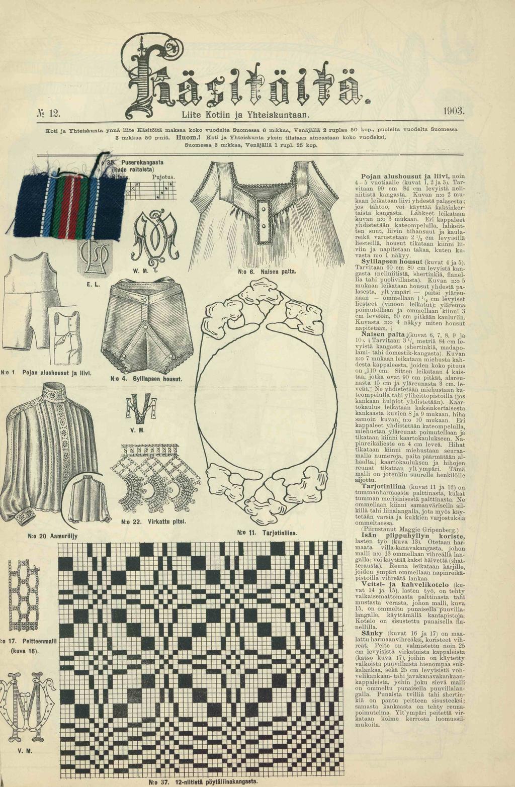 Käsitöitä. N:o 12 Liite Kotiin ja Yhteiskuntaan. 1903. Koti ja Thteiskunta ynnä liite Käsitöitä maksaa koko vuodelta Suomessa 6 m:kkaa, Venäjällä 2 ruplaa 50 kop.