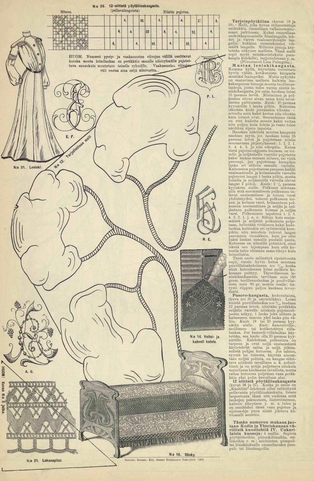 Tarjoinpöytäliina(kuvat 18 ja 19). Malli, joka kuvaa stiliseerattuja unikukkia, ommellaan valkaisemattomaan palttinaan.
