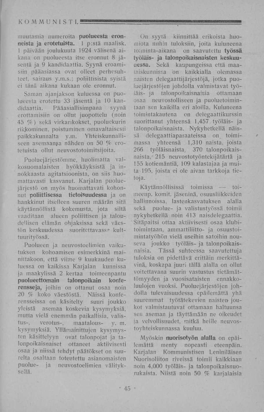 KOMMUNISTI. muutamia numeroita puolueesta eronneista ja erotetuista. 1 pistä maalisk. 1 päivään joulukuuta 1924 välisenä aikana on puolueesta itse eronnut 8 jäsentä ja 9 kandidaattia.