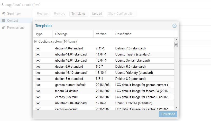 18 Kuvio 16. Tuetut levykuvat Listasta valitaan ubuntu-16.04-standard_16.04-1_amd64.tar.gz ja klikataan linkkiä Download.