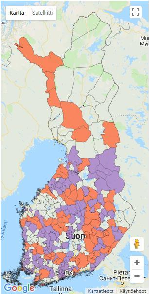 Alavieska Asikkala Askola Espoo Eurajoki Forssa Haapavesi Hankasalmi Harjavalta Hattula Hausjärvi Helsinki Hollola Huittinen Hyrynsalmi Hyvinkää Imatra Juupajoki Jyväskylä Kaavi Kalajoki Kangasala