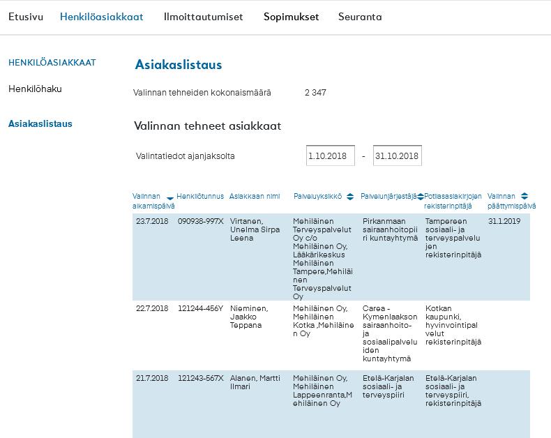 3. Palveluntuottajan raporttikokonaisuus: B. Palveluntuottajan asiakaslistaus (sisältää hetut) Asiakaslistauksesta ei ole mahdollisuutta muodostaa.csvtiedostoa (sisältää hetut).