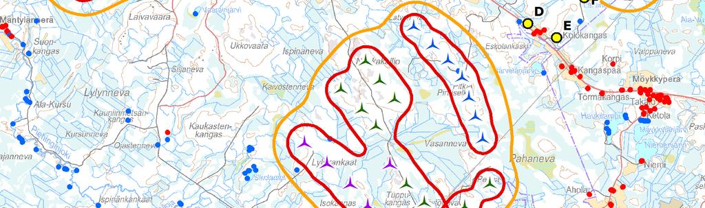 Mastokankaan, lähialueen rakennettujen tuulivoimapuistojen ja suunnitteilla olevien