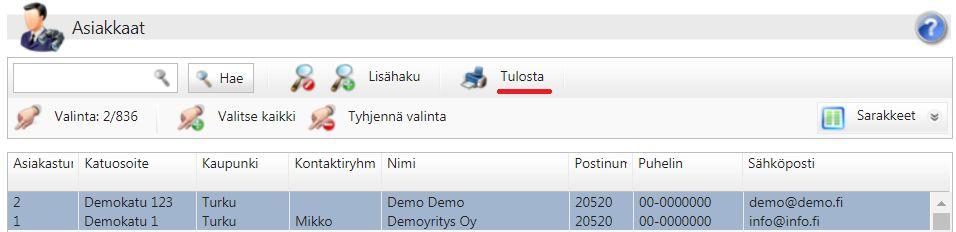 ASIAKASREKISTERIN TULOSTAMINEN Etusivu > Asiakkaat > Tulosta Asiakasrekisteri voidaan tulostaa