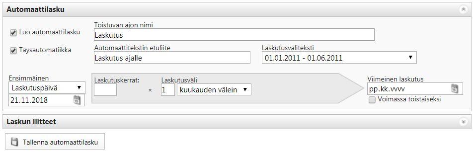 AUTOMAATTILASKUTUS Automaattilasku on nimensä mukaisesti lasku, joka luodaan automaattisesti tietyin väliajoin. Automaattilaskutusta käytetään usein kuukausilaskutuksissa kuten mm. vuokramaksuissa.