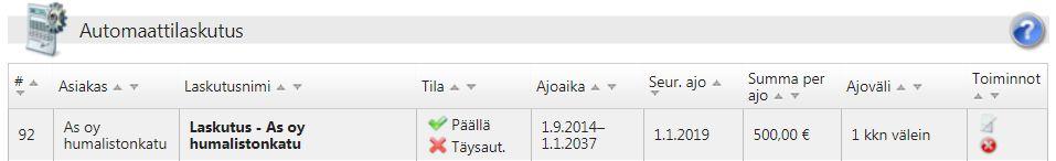 Ruksi -painikkeesta automaattilaskupohjan voi myös poistaa. Muokkausosiossa näytetään automaattilaskusta samat muokattavat kentät kuin laskun luonnissa.