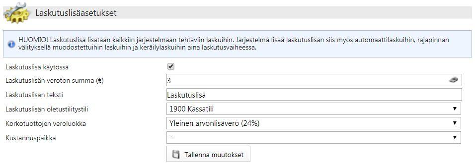 LASKUTUSLISÄ Asetukset > Laskutusasetukset > Laskutuslisä Automaattinen laskutuslisä voidaan ottaa käyttöön. Huomaathan että laskutuslisä lisätään kaikkiin tehtäviin veloituslaskuihin.