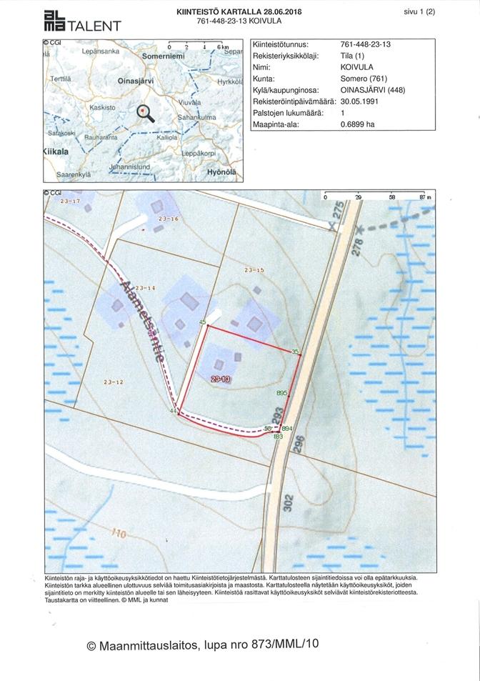 rakennusoikeudesta: Someron kaupunki / rak. valvonta p. 02 77911 Kiinnitykset: 0,00 Muut rasitukset: Ulosmittaus kuolinpesän osuuteen. Ulosmittaus lakannut 11.10.2018.