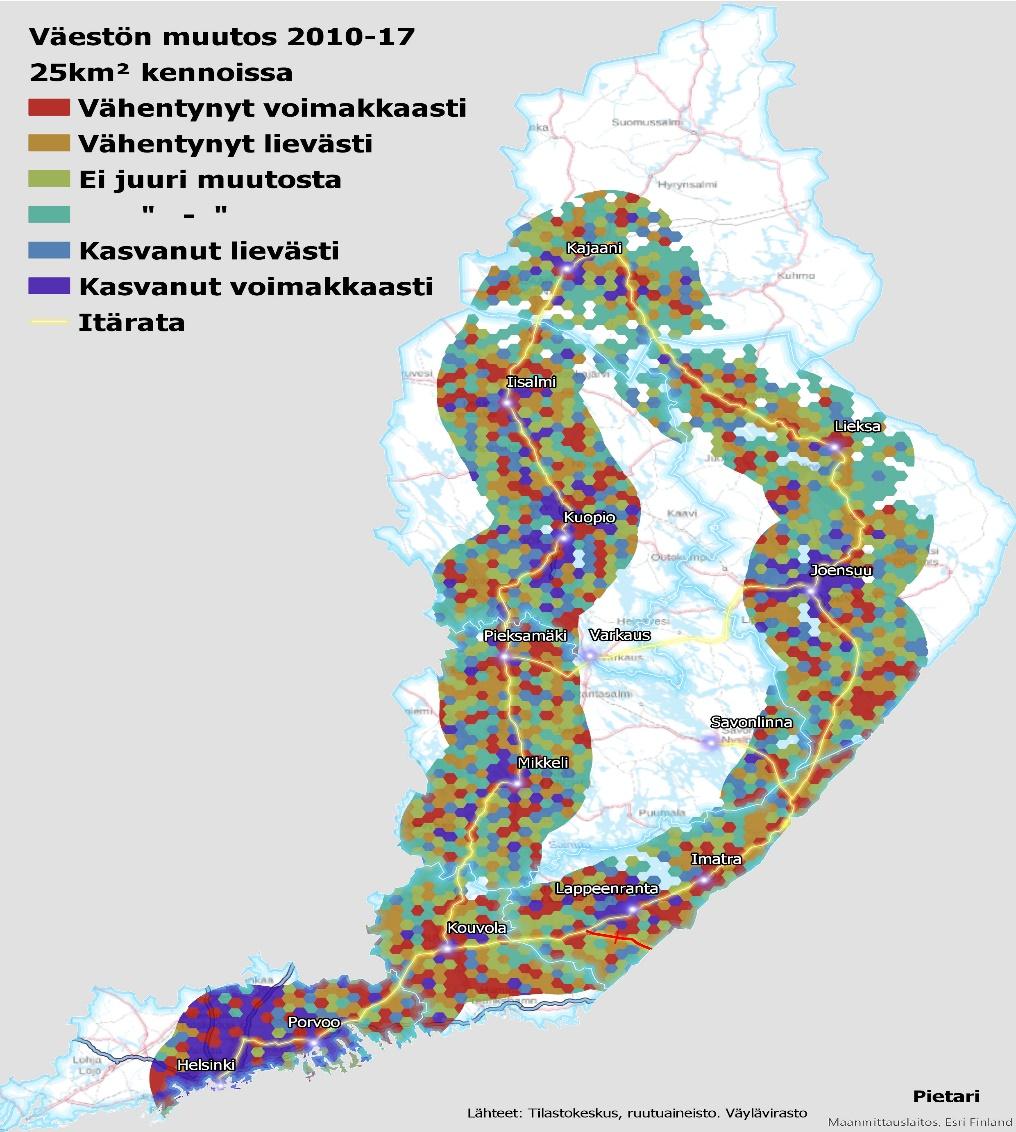 Kuvassa 6. on tarkasteltu Savon- ja Karjalan radan vaikutusalueen työpaikkamuutosta 5 x 5 kilometrin ruuduissa vuosien välisenä aikana.