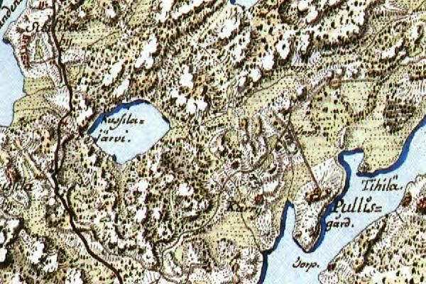 1783 Pulli ja Kärri Ote kuninkaan kartastosta vuodelta 1783. Kartan luoteiskulmassa näkyy Hiidenvedestä Lohjanjärveen laskevaa vesireittiä, nykyinen Koivulanselkä.