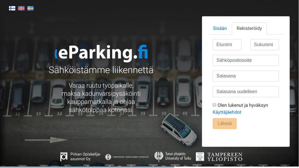 Ohje asukaspysäköintiluvan hakemiseen ja maksamiseen 1. Rekisteröityminen Uuden asiakkaan tulee rekisteröityä lupapalveluun. Mene osoitteeseen www.eparking.fi ja rekisteröi itsesi käyttäjäksi.