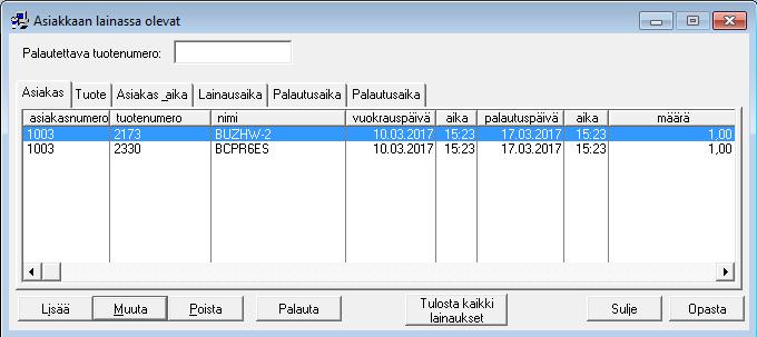 Tulosta kaikki lainaukset napista voidaan tulostaa kaikkien ao. asiakkaalle lainassa olevien tuotteiden lista. Tuotteet palautetaan yksi kerrallaan.