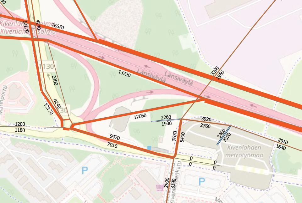 Kivenlahden Metrokeskus Liikennemäärät 2040 (vrk) Työssä käytetyt liikennemäärät perustuvat Länsimetron jatkeen selvitystyössä tehtyyn liikenne-ennusteeseen vuodelle 2040.