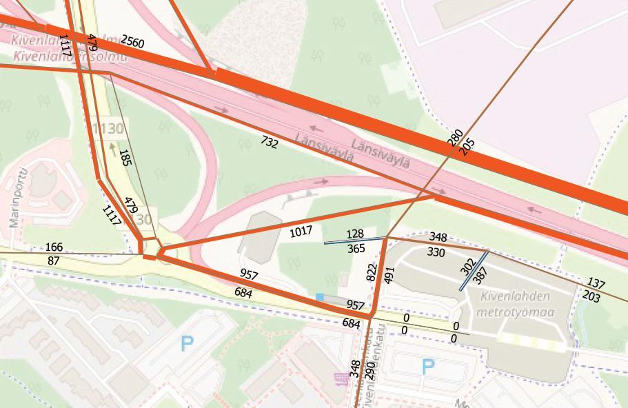 Kivenlahden Metrokeskus Liikennemäärät IHT2040 Länsimetron jatkeen liikenne-ennusteen sekä Metrokeskuksen ja Länsikorttelin tuoman lisäliikenteen mukaiset IHT-liikennemäärät.